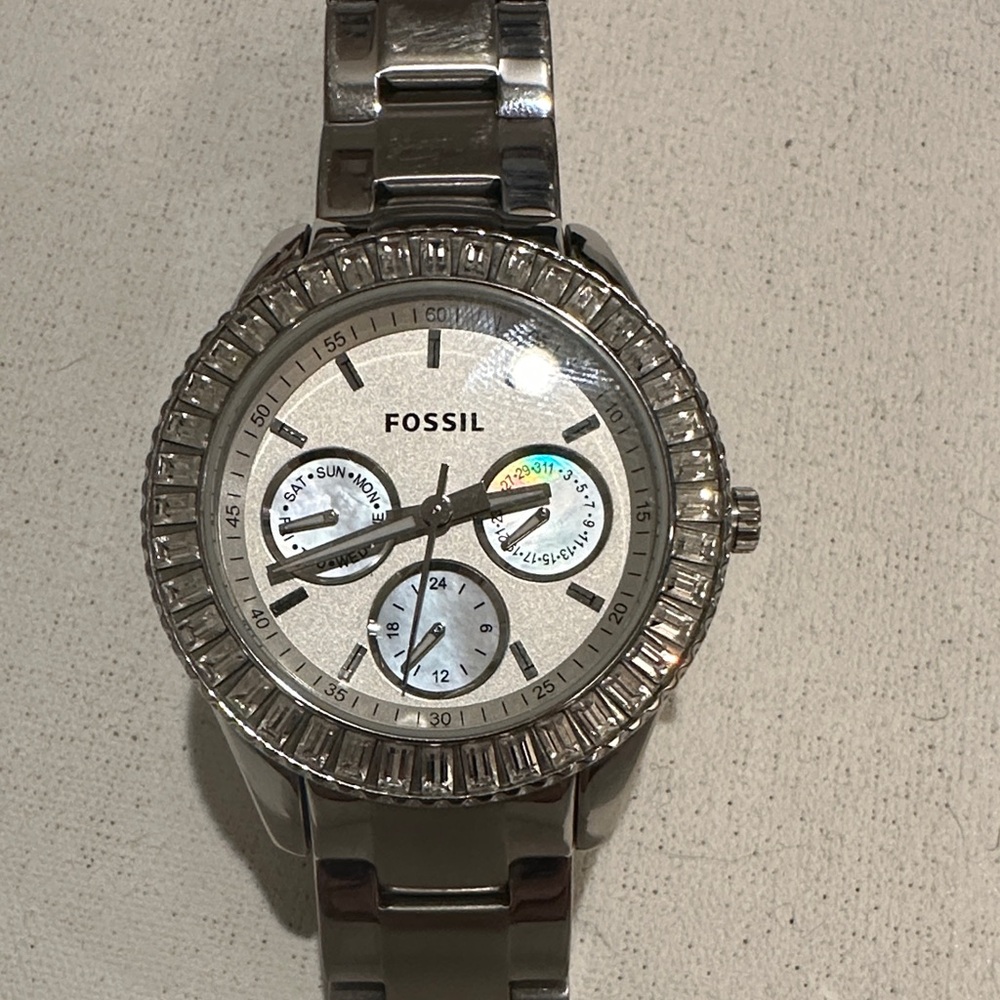 Fossil Silver Multifunction Watch with Crystal Bezel